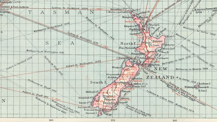 A map of New Zealand with lines drawn in all directions of the Asia-Pacific, representing trade and communications routes