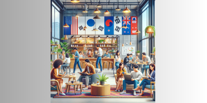 A digital drawing of diverse people in an industrial style café adorned with New Zealand and South Korea flags 